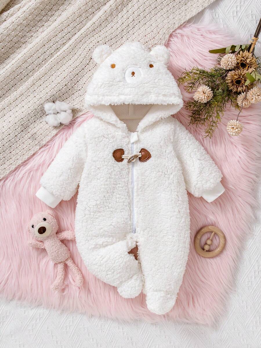 1pc Newborn Baby Hooded Romper, Soft Plush Fabric, Dual-Zipper & Button Design, Cute Bear Style, Long Sleeve Footed Jumpsuit, Comfortable For Infant
