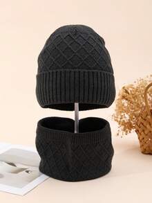 2pcs/Set Solid Color Knit Hat + Scarf, Autumn/Winter Outdoor Sports Fishing Essential, Diamond Pattern Knitted Hat & Scarf Set, Unisex Knitted Blend, Fashion Versatile Winter Beanie & Scarf