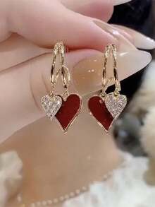 1 Pair Minimalist Red Heart Earrings, Gift For Women - Red - View 4