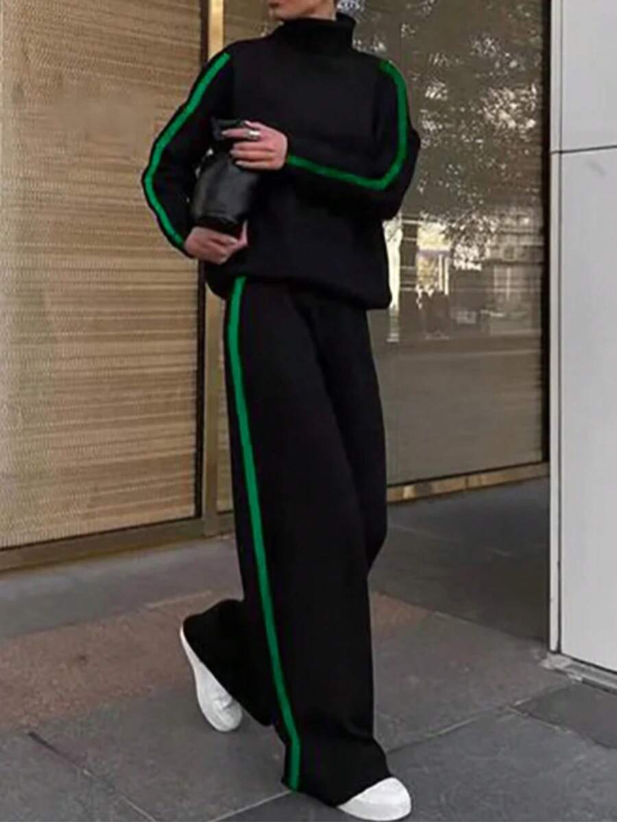 Bộ áo hoodie 2 món họa tiết kẻ sọc vá màu thời trang thu đông thanh lịch dành cho nữ - màu đen - Xem 1