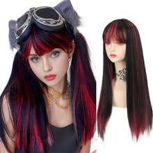 22英寸长黑色与红色混合合成假发角色扮演洛丽塔原宿假发带刘海万圣节日常假发 - 彩色 - 查看 14