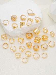 17KM 29pcs Simple Metal Asymmetrical Geometric Vintage Coin Chunky Jewelry Set, Unboxed, Neutral Style For Holiday, Date, Daily, Party, Birthday Gift For Friends, Girlfriend, Mom - Yellow Gold - View 3