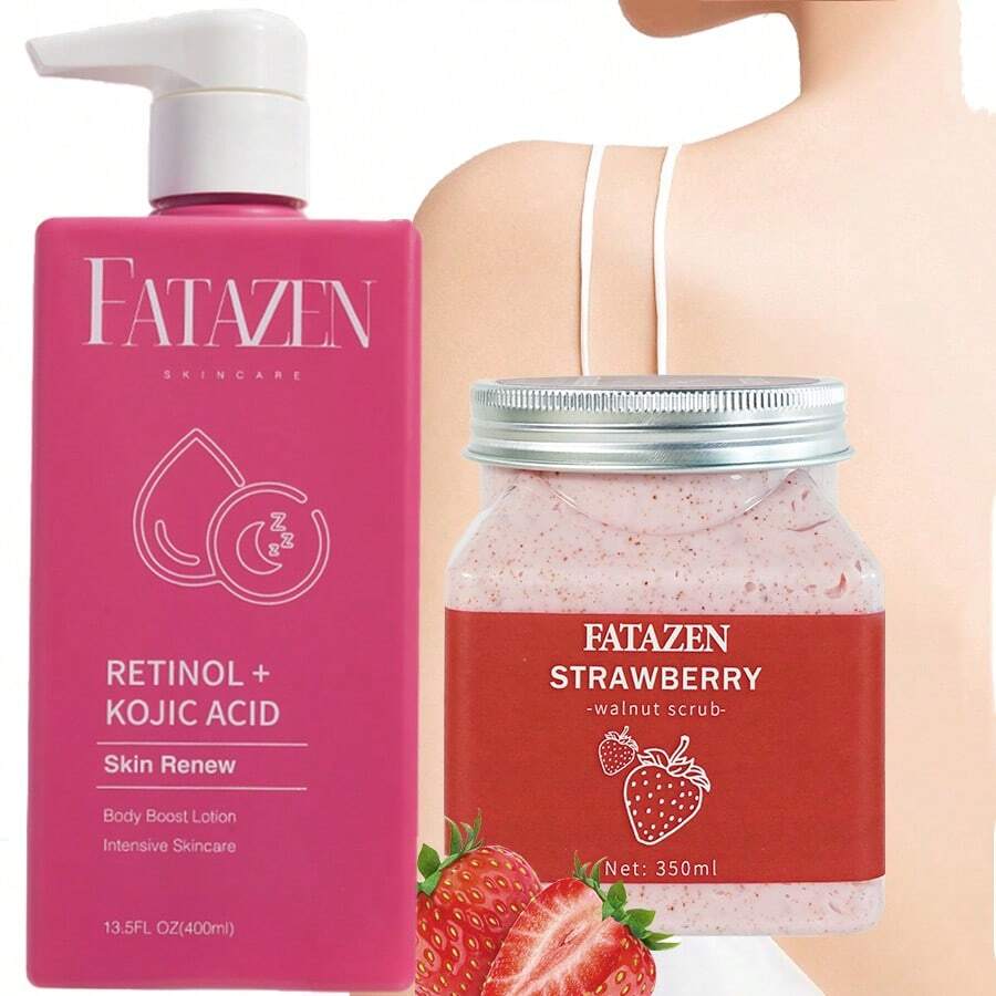 FATAZEN 400ml 有機視黃醇身體乳液 & 350ml 天然草莓身體磨砂膏頂級護膚套組，溫和去角質水果磨砂膏與美白保濕麴酸身體乳液