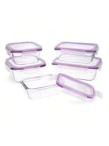 BLOOM STORE - Set de 5 Táperes Herméticos de Vidrio Transparente | 370ml / 520ml / 640ml / 800ml / 1040ml | Recipientes de Comida Apto Microondas y Nevera | Ideal para Cocina, Almuerzo y Almacenamiento - Morado - Ver 4