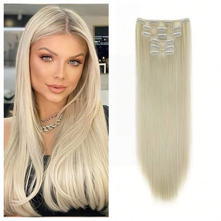 Clip In Hair Extensions Blonde Clolor 24 Inch 6 Pcs Set Long Straight Hair Extension Synthetic Hairpieces For Women Girls Daily Use - Light Gold-88# - View 1