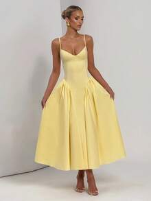 Đầm dự tiệc buộc dây kiểu retro thanh lịch, đầm cocktail hai dây, đầm dự tiệc và đầm trà cưới mùa xuân - Màu vàng - Xem 4