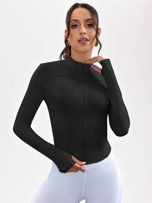 SHEIN Sports 纯色立领拇指孔运动夹克 - 黑色 - 查看 2
