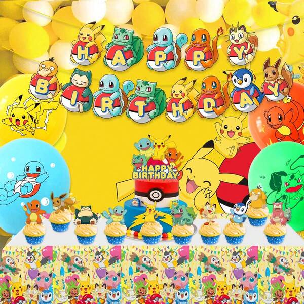 pokemon Fournitures pour fête d'anniversaire Pokémon - Ensemble de décoration thème Pikachu avec bannière, décorations de gâteau et figurines ! Comprend des jouets cadeaux amusants, parfaits pour les garçons et les filles. Design de personnage adorable pour rehausser les installations de célébration, idéal pour les rassemblements thématiques. Kit indispensable pour les fans de Pokémon afin de rendre les anniversaires plus festifs et mémorables !