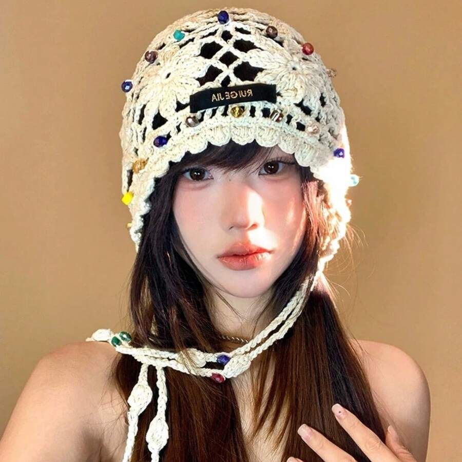 1 Stück gehäkelte, perlenbesetzte, vintage Quasten-Luftloch-Mütze