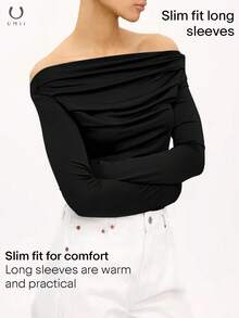 UMII Women's Black Off-The-Shoulder Draped Long Sleeve Top, Slim Fit Stretch Bodysuit, Sexy Casual Valentine's Day Date Night Blouse - Black - View 3