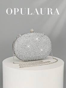 OpulAura 女士奢华闪亮水晶迷你盒形手拿包，闪耀水钻晚宴包，适合正式场合，时尚派对/婚礼/盛大晚宴手提包，带链条，婚礼用品 - 銀色 - 查看 2