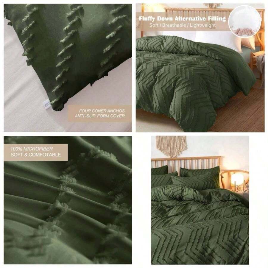 Nanko California King Comforter Set - Dark Green, Tufted Boho, Reversible, Down Alternative, 3pc