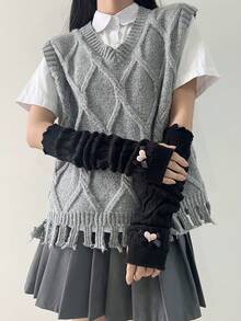 1 Pair Girls Ballet Style Arm Warmers, Autumn/Winter Fingerless Gloves Knitted Arm Sleeves With Criss-Cross Ribbon Tassel Decor, White Fingerless Gloves Arm Sleeves, Black Knitted Gloves, Y2K Streetwear Style - 251# - View 22