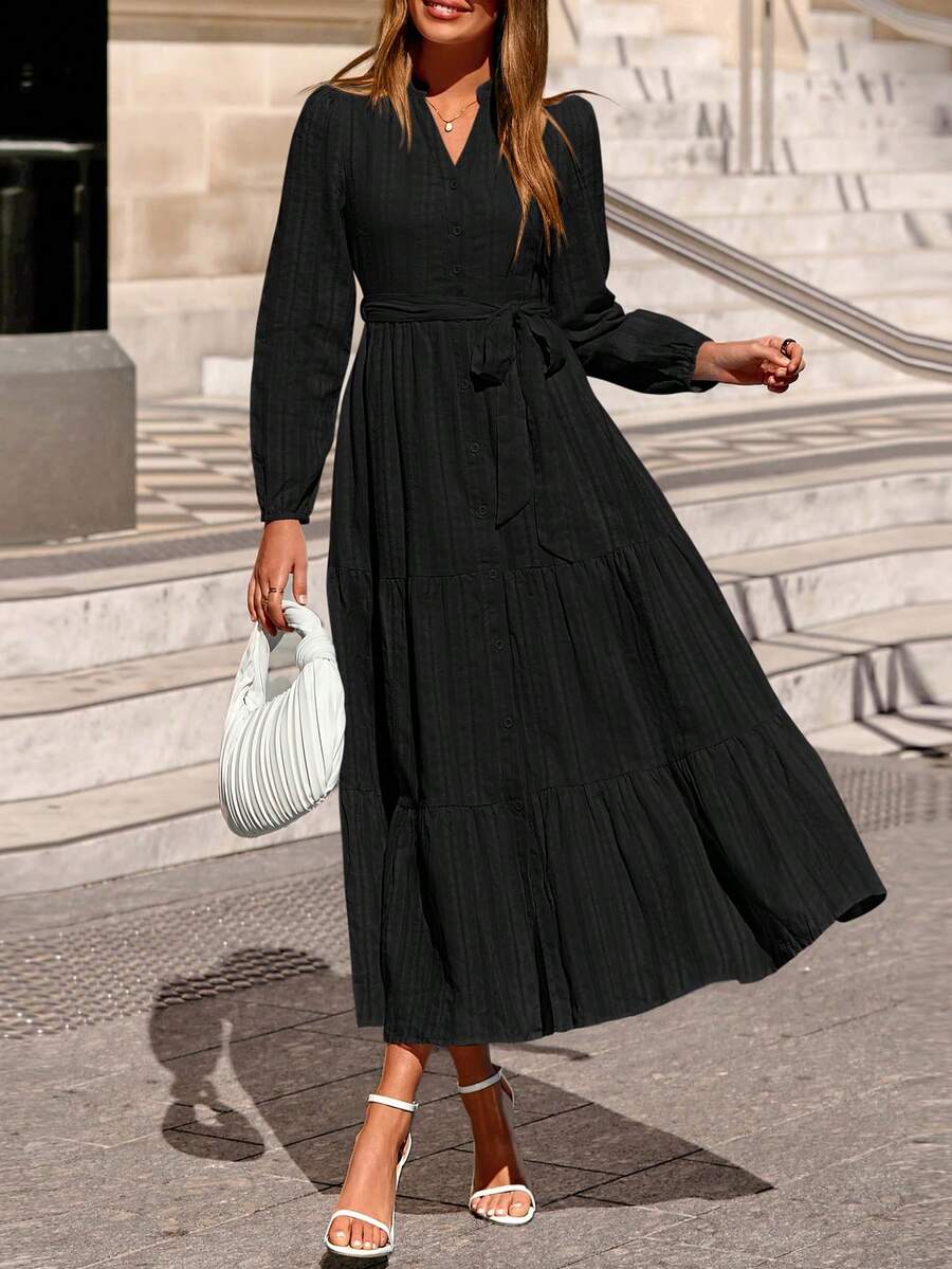 Womens Fall Maxi Dresses Casual Long Sleeve V Neck Button Down Flowy A Line Tiered Shirt Dress With Pockets - Black - View 1