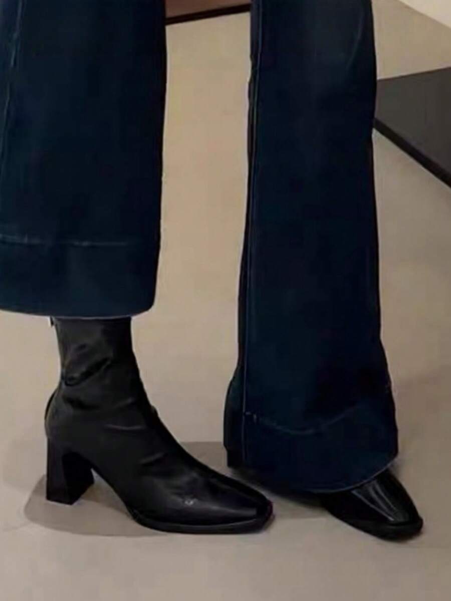 2025 Pointed Toe Ankle Boots For Women, Thick Heel Zipper Back, Black Patent Leather, High-End Boots, Autumn/Winter 2025 New Arrival, High Heels - Black - View 1