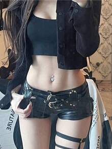 Y2K Retro Nightclub Shorts: Women's Low-Rise PU Leather Booty Shorts | Edgy Bodycon Hot Pants For Clubbing Outfits - 黑色 - 查看 5