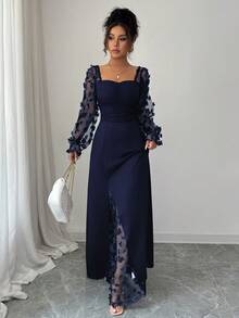 LilyHouse Women's Elegant Casual Long Sleeve Waist Cinched Dress With Floral Applique, Suitable For Dates, Parties, Weddings, Valentine's Day