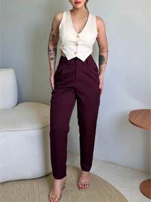 Women's High Waist Pleated Tailored Pants, Formal, Casual, Elegant - 紅木色 - 查看 3
