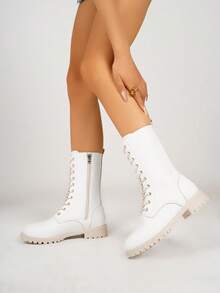 女士时尚百搭系带中筒靴/踝靴/短靴，摩托车靴，踝靴，高帮防滑靴，休闲舒适侧拉链户外靴，骑行户外黑色靴，秋冬靴，户外靴，过膝靴 - 白色 - 查看 5