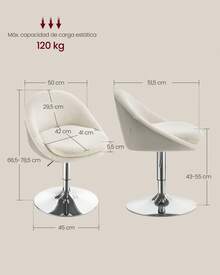 Silla Ajustable, Taburete de Tocador, Silla de Oficina Giratoria, Taburete de Bar con Respaldo y Base, Acero, para Mostrador, Oficina, Tocador, Comedor, Blanco Crema y Gris Plata - Blanco - Ver 6