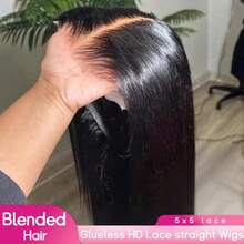 PQL 34英寸 13x4 直发蕾丝前假发，真人混纺发，无胶假发，混纺发，预先拔毛，带婴儿发，200%密度，透明直发蕾丝前假发，混纺发，女士款，自然黑色 - 自然色&黑色系 - 查看 54