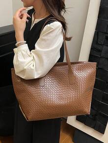 1 pieza Bolso de mano grande de unicolor de PU, bolso de hombro versátil de moda para ir al trabajo y de compras para mujeres