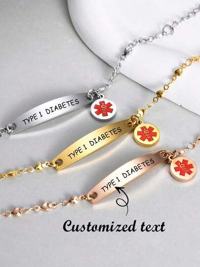 Pulseira de identificação médica de emergência vermelha de aço inoxidável gravada a laser personalizada para mulheres, presente de uso diário, nome e data personalizados, adequada para o Dia das Mães, Dia da Avó, Ação de Graças