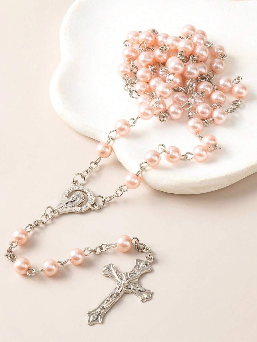 1 件情人节粉色念珠项链，宗教串珠十字架项链，长 Y 形毛衣链，适合日常佩戴、聚会、派对、情人节送给女朋友的礼物、母亲节送给妈妈的礼物 - 淺粉色 - 查看 1