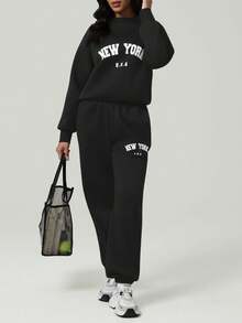 2 Pieces Athleisure Set Women's Classic Letter Print Solid Color Fleece Loungewear Outdoor Running Sports Sweatshirt And Joggers Sweatpants Set For Winter And Fall - Black - View 6