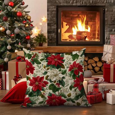1pc Vintage Christmas Flower Decorative Pillow Cover, Single-Sided Printed Soft Peach Velvet Material, 45*45CM Cushion Cover Suitable For Room, Living Room, Sofa Decoration, Party Decor, Decorative Pillow Gift
