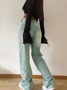 女士复古宽松直筒牛仔裤，休闲春季款 - 淺色水洗藍 - 查看 2