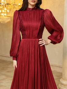 UNITHORSE 女士立领灯笼袖亮片拼接仿霓虹长款晚礼服，完美适用于伴娘礼服、毕业礼服、婚礼宾客礼服、正式场合礼服 - 酒紅色 - 查看 6