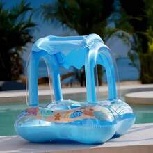 Boia Inflável Infantil com Cobertura Azul e Rosa para Bebê / Criança - Flutuador com Toldo UV, Assento Confortável, Piscina e Praia - Azul - Visão 1