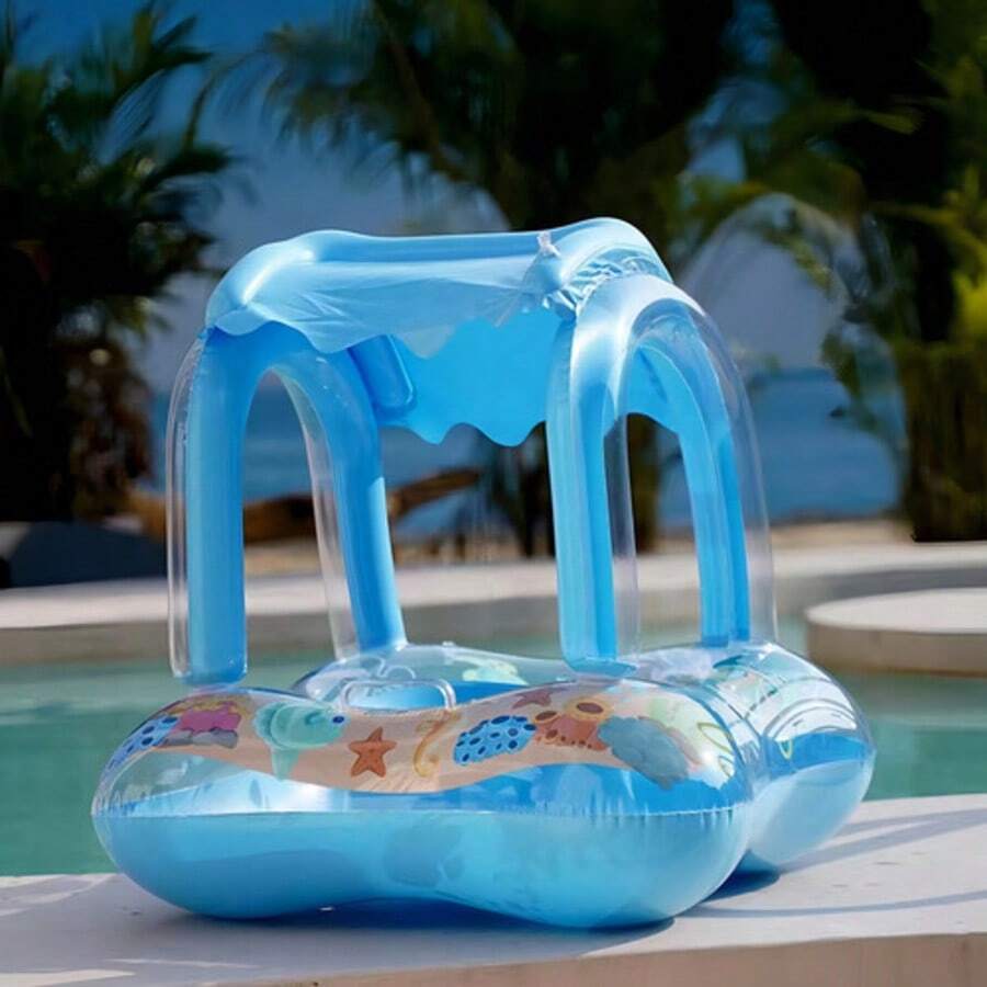 Boia Inflável Infantil com Cobertura Azul e Rosa para Bebê / Criança - Flutuador com Toldo UV, Assento Confortável, Piscina e Praia - Azul - Visão 1