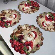 6pcs/4pcs/1pc Christmas Party Decoration Round Placemats, Santa Claus And Reindeer Pattern Design - 15 Inches In Diameter, Linen Material, Non-Slip, Heat-Resistant, Machine Washable, Holiday Party Decoration Round Placemats, Party Kitchen Restaurant Decorations, Suitable For Christmas Table Decoration, Party, Christmas Decoration, Christmas Decorations For Home - Red - View 1