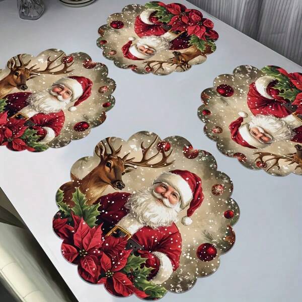 6pcs/4pcs/1pc Christmas Party Decoration Round Placemats, Santa Claus And Reindeer Pattern Design - 15 Inches In Diameter, Linen Material, Non-Slip, Heat-Resistant, Machine Washable, Holiday Party Decoration Round Placemats, Party Kitchen Restaurant Decorations, Suitable For Christmas Table Decoration, Party, Christmas Decoration, Christmas Decorations For Home