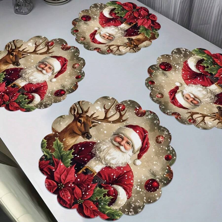 6pcs/4pcs/1pc Christmas Party Decoration Round Placemats, Santa Claus And Reindeer Pattern Design - 15 Inches In Diameter, Linen Material, Non-Slip, Heat-Resistant, Machine Washable, Holiday Party Decoration Round Placemats, Party Kitchen Restaurant Decorations, Suitable For Christmas Table Decoration, Party, Christmas Decoration, Christmas Decorations For Home - Red - View 1