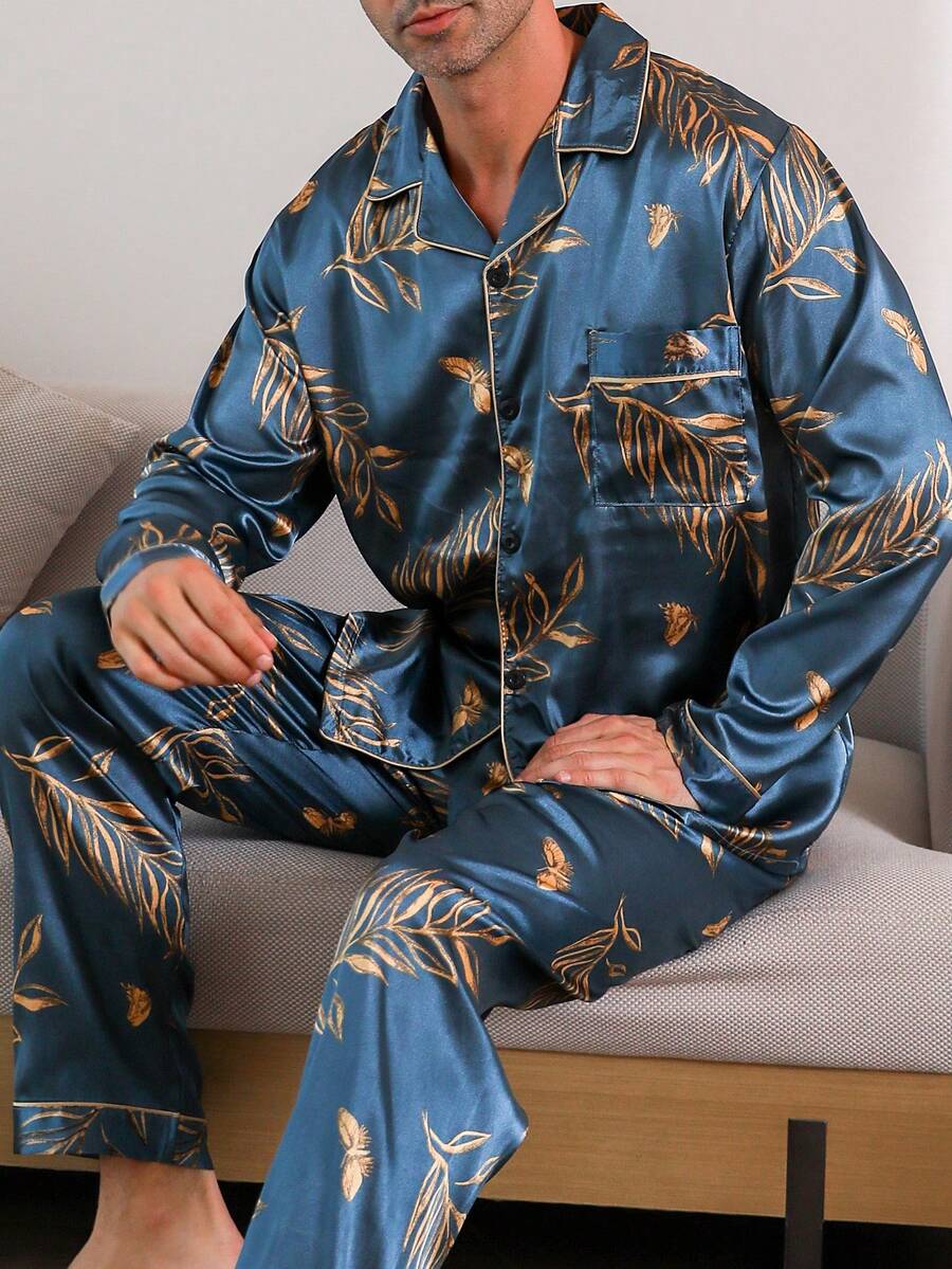 2pcs/Set Men's Floral Print Pajama Set, Long Sleeve Shirt & Long Pants, Loose Fit Sleepwear, Suitable For Spring, Summer, Autumn & Winter - 彩色 - 查看 1