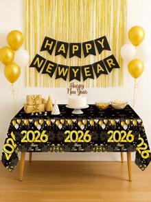 1件2026新年快乐塑料桌布，黑金新年烟花气球图案，PE材质一次性桌布，适用于新年室内/室外派对、新年装饰、2026新年家庭聚会、新年庆祝装饰、2025圣诞节装饰、新年厨房和餐厅装饰、橱柜罩、房间装饰、家居装饰桌裙、新年礼物、节日餐桌装饰 - 2026年新年黑金 - 查看 5