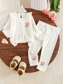 2Pcs Fall Outfit Baby Girl Long Sleeve Ruffle Crew Neck Rabbit Ears Decor Ribbed Shirt With Pants Set - White - View 1