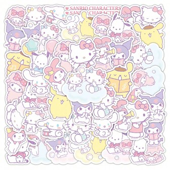  50PCS Mixed Sanrio Cute Anime Cartoon Stickers Kuromi Hello Kitty Cinnamoroll Label Stickers Kawaii Game Tag DIY Gift Sealing Label Decoration Supplies Fun Gift