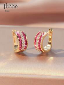 Hihho 2 件 U 形彩色锆石耳环，女士时尚优雅简约奢华珠宝耳环 - 玫紅色 - 查看 6