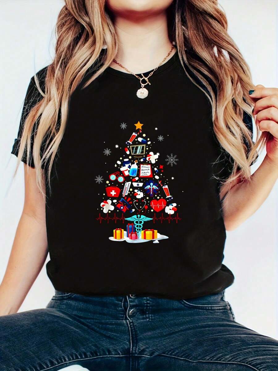 Camiseta de invierno acogedora de café navideño de jengibre rosa para mujeres - Camiseta impresa con letras de Feliz Navidad y copos de nieve, 100% algodón, top de otoño navideño para mujeres - Azul - Ver 1