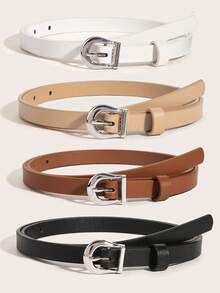 4pcs Women Belt Pin Round Metal Buckle Multicolor Pu Leather Belt Thin Belt Casual Style Dresses Belt Belt Daily Life Normal & Plus Belt Summer, School Fall, Autumn, Halloween - Silver - View 7