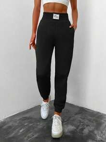 Women's Cotton Drawstring Pocket Jogger Pants, Casual Applique Pocket College Style - Black - View 2