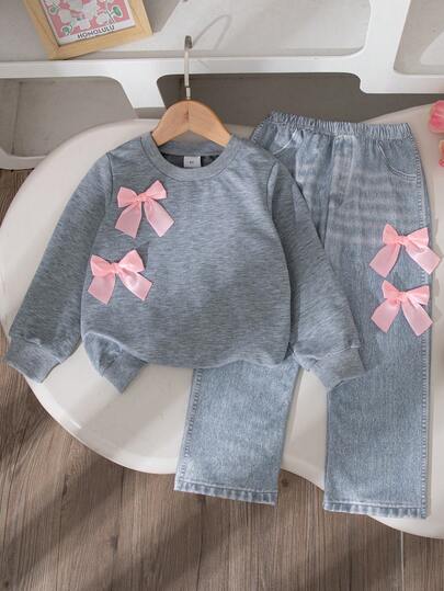 2 件套女童休闲装，纯色蝴蝶结装饰长袖上衣和裤子套装，常规款式，春秋季