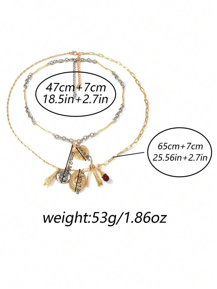 1 件复古奢华高端设计双层链条分层心形和几何吊坠项链，适合女士休闲装 - 鏈條項鍊 - 查看 6