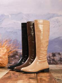 Damen Mode Braune Krokodilmuster Kniehohe Stiefel, Chunky Absatz Reitstiefel für Herbst/Winter, Neuankömmling mit Metall Schnallen Dekor, Seitlicher Reißverschluss, vielseitige hohe Schaftstiefel, Lässig Urlaubs Western Stil Runde Zehenkappe Gerade Schaft Stiefel, Feiertag Lange Schaft Stiefel, Bequeme Winterstiefel, Damen Cowboystiefel - Braun - Übersicht 11