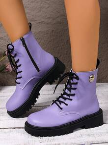 秋冬圆头系带时尚拼布靴，厚底度假风格女式踝靴，复古扣饰靴 - 紫色 - 查看 4