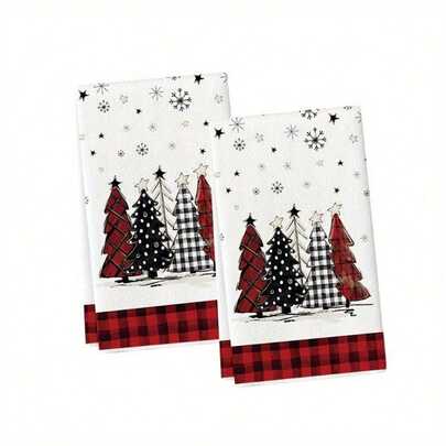 2/ 3/ 4pcs Red Black Buffalo Plaid Xmas Trees Christmas Kitchen Towels Dish Towels, 18x26 Inch Daily Buffalo Plaid Winter Room Funky Home Decoration Hand Towels Set Of Patterned Festive Decorative Towels, Dish Cloths, Multi-Purpose Cleaning Rags, Cozy Autumn Atmosphere, Add Festive Colors To The Kitchen, Dining Room